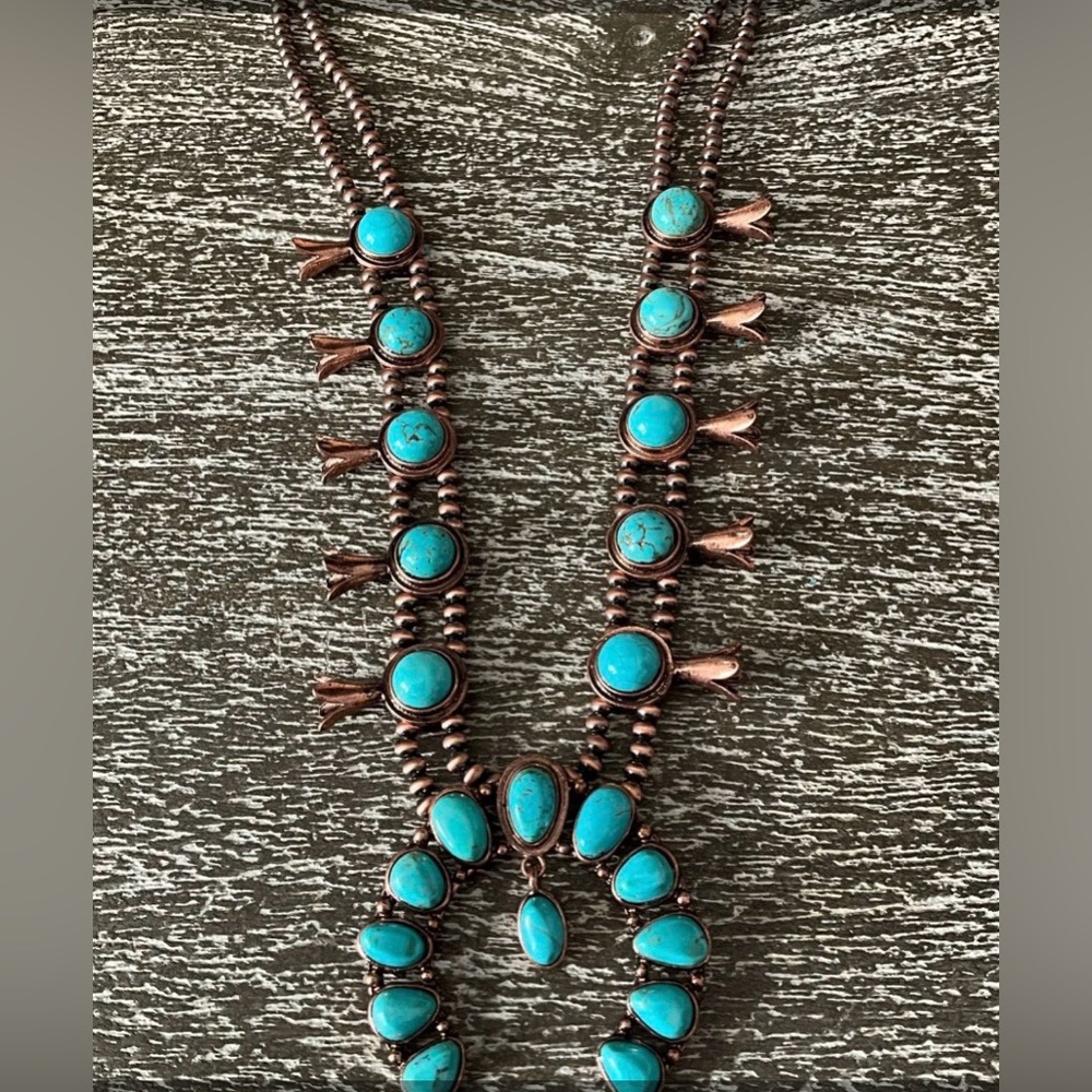 New Western Boho Faux Turquoise Teardrop Squash Blossom Brushed Bronze Necklace